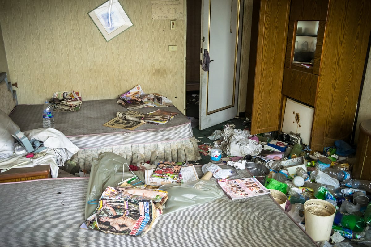 A trashed room full of smut