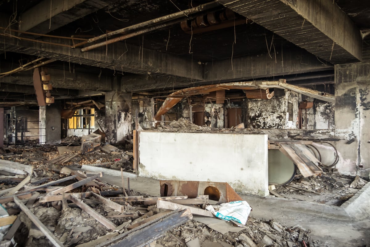 Escalators on a fire-damaged floor