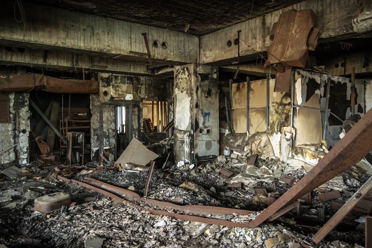 A fire-damaged KTV in the Qiaoyou building