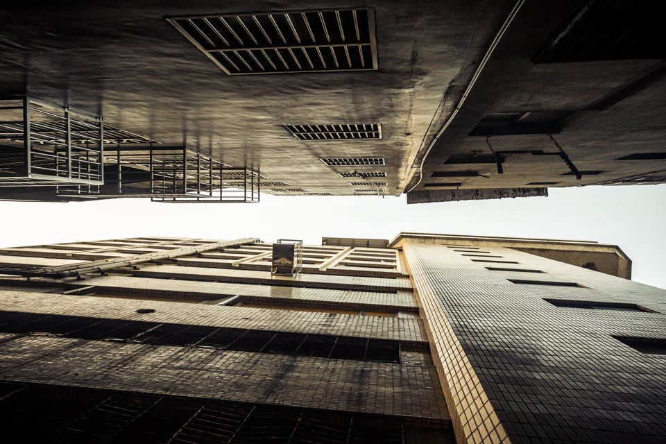 Alleyways looking up next to the Mirada Building